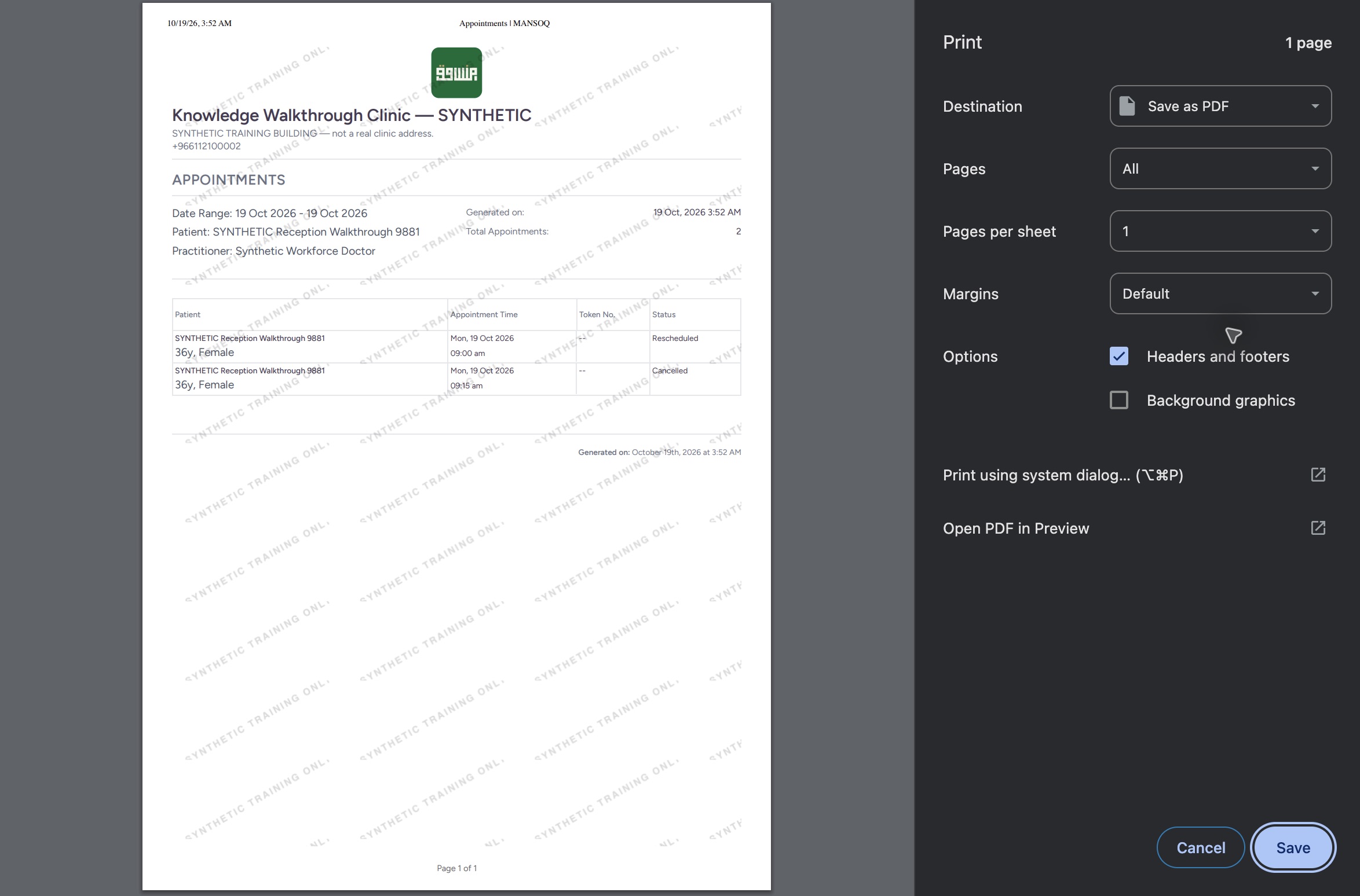 Review the genuine native one-page print dialog. Actual synthetic Clinic Staff session.