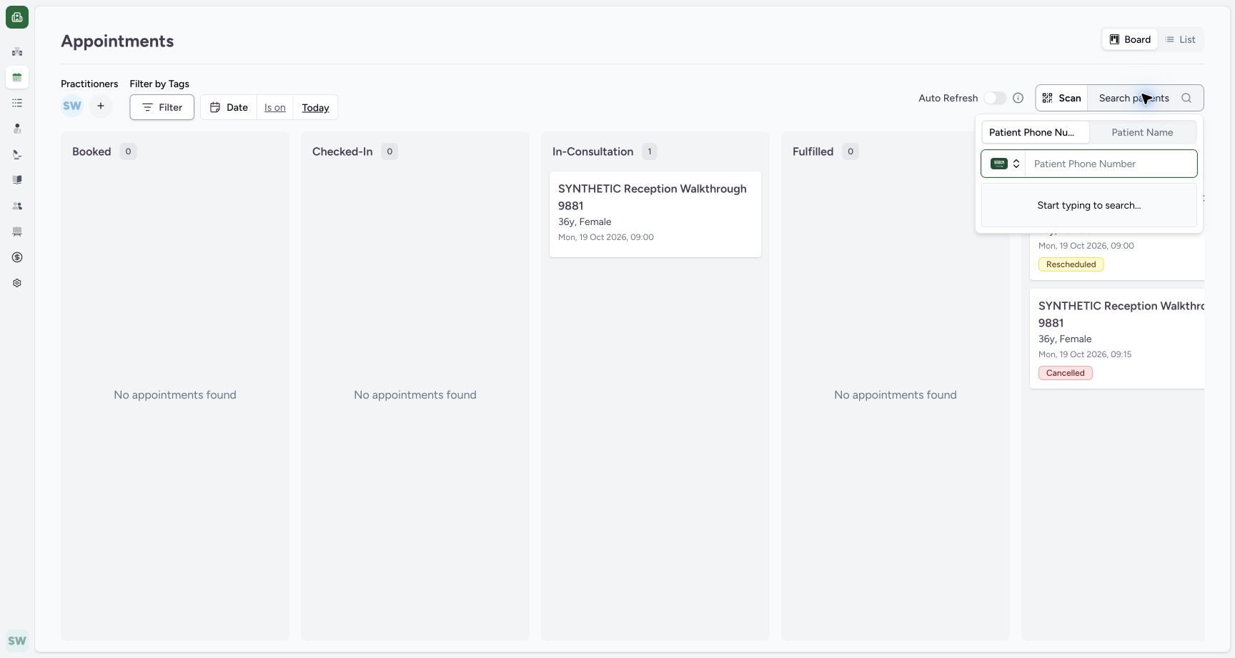 Inspect the phone search input. Actual synthetic Clinic Staff session.