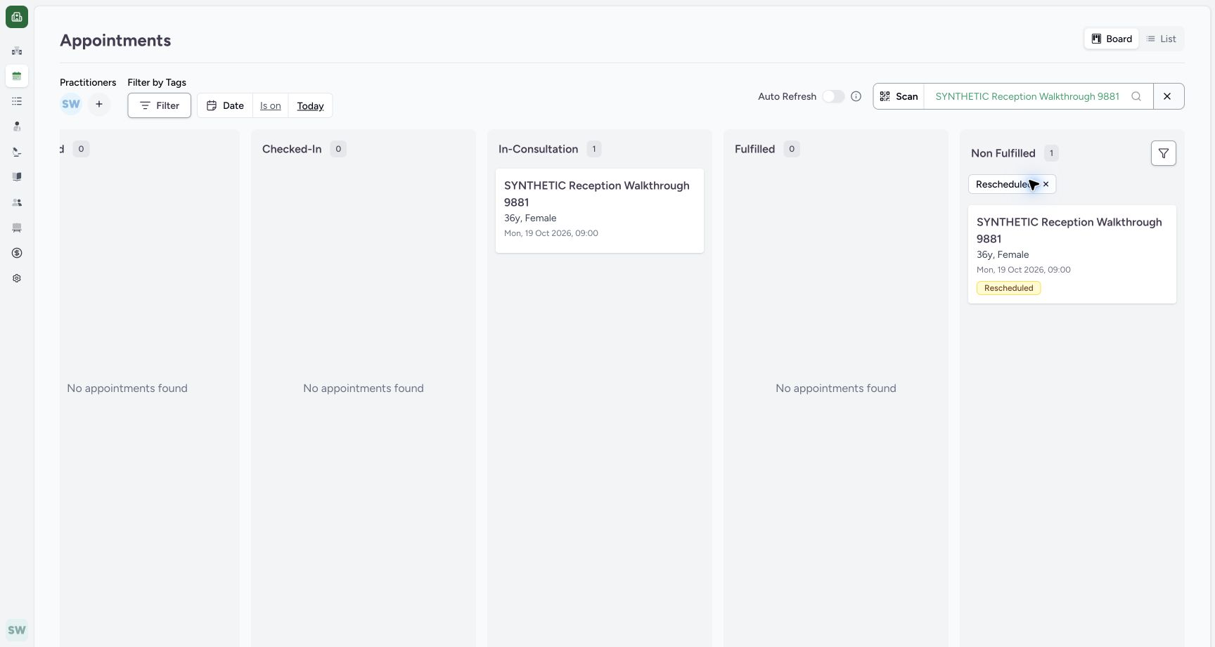 Read the remaining Rescheduled filter. Actual synthetic Clinic Staff session.