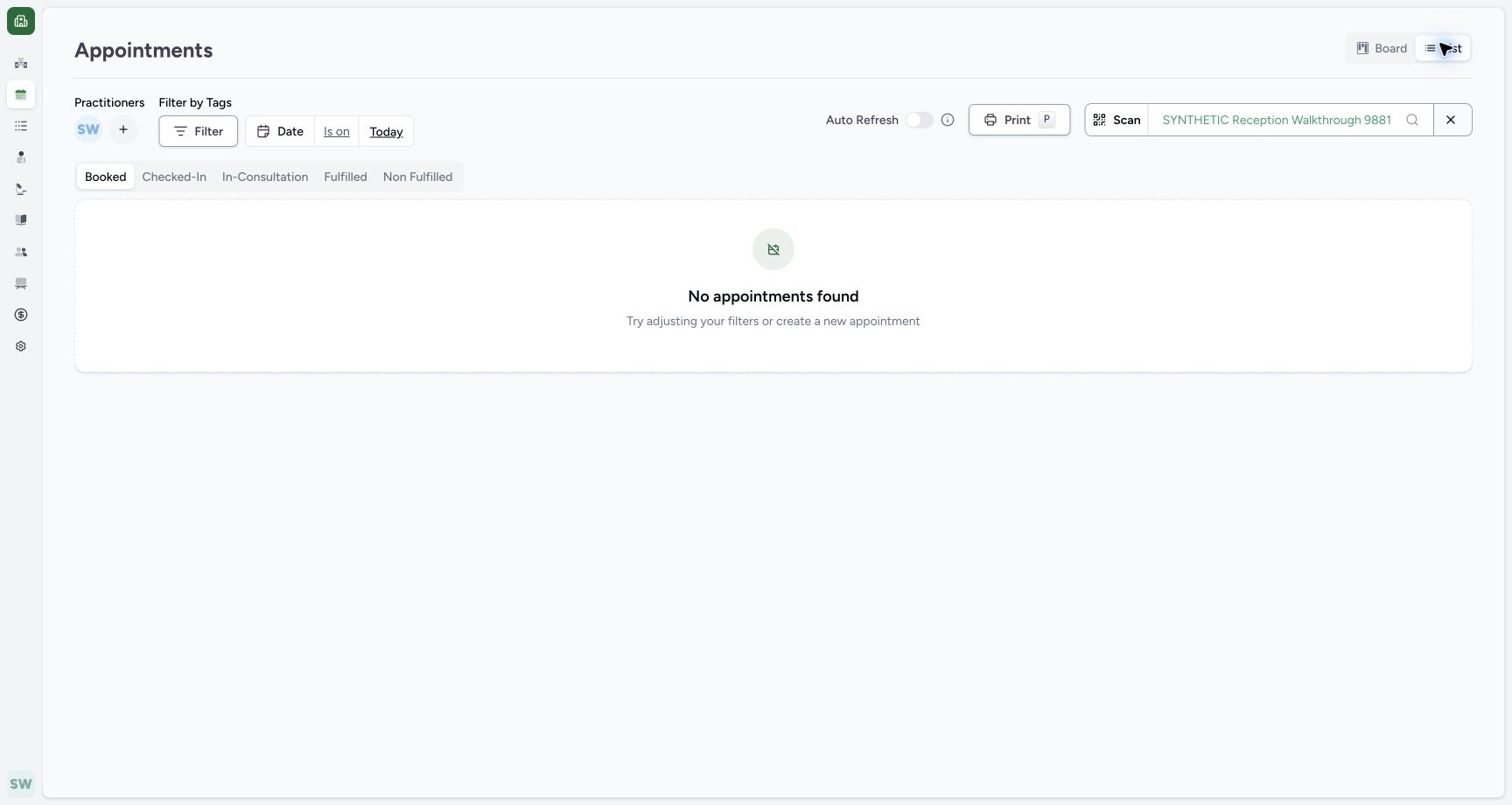 Recognize List status filtering. Actual MANSOQ fictional Clinic Staff workflow.