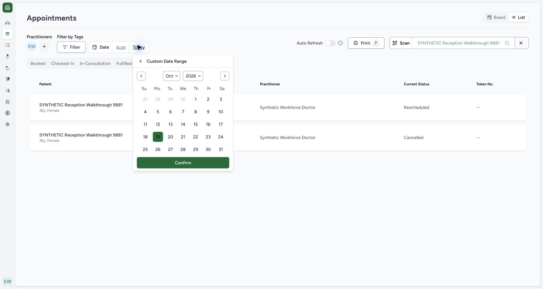 Open the date selector. Actual MANSOQ fictional Clinic Staff workflow.