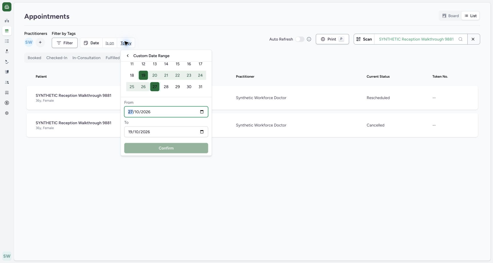 Recognize an invalid date order. Actual MANSOQ fictional Clinic Staff workflow.
