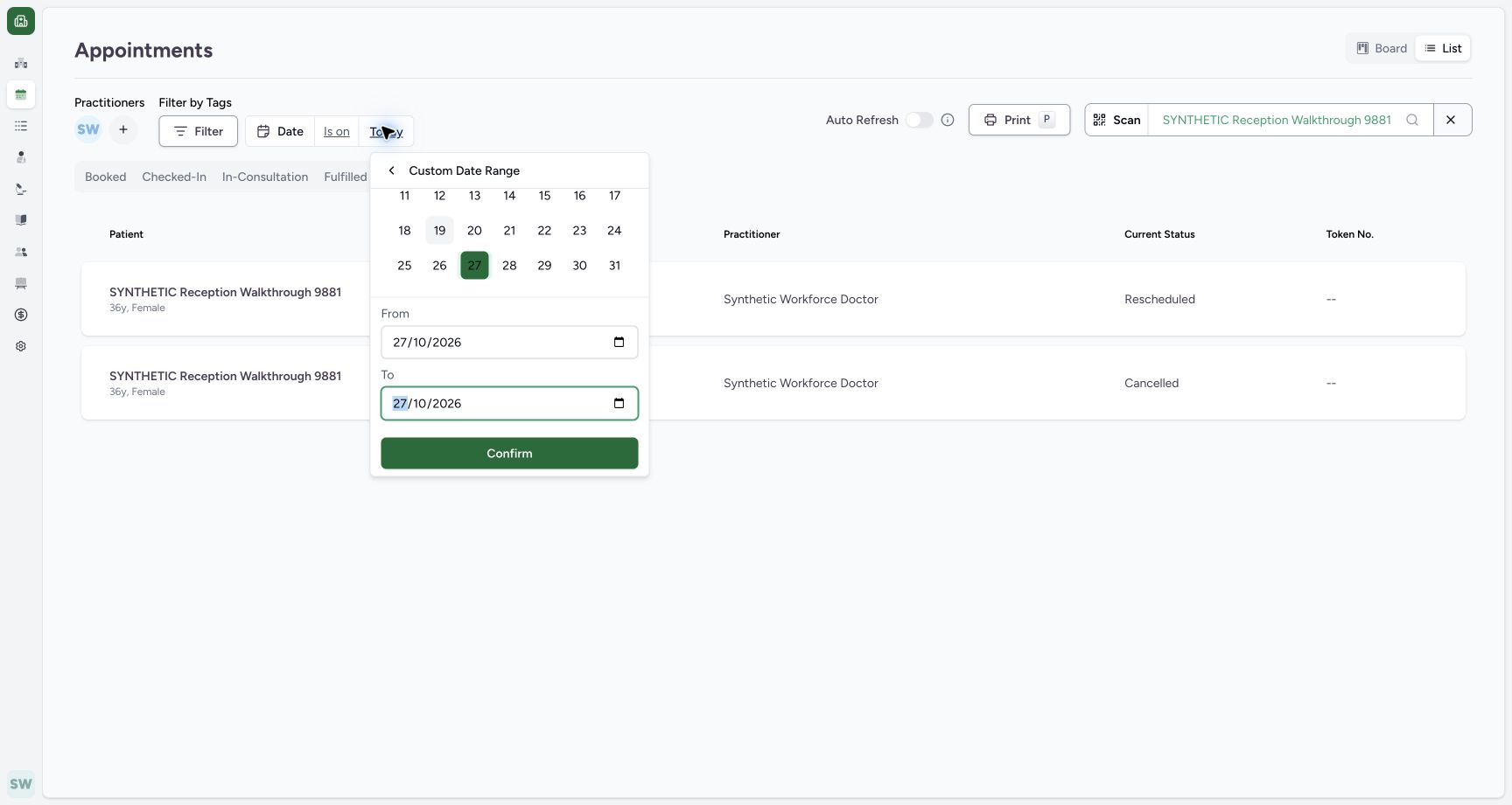 Apply the reviewed single-day range. Actual MANSOQ fictional Clinic Staff workflow.