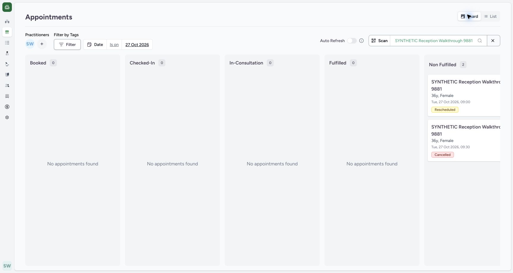 Open the future retained card. Actual MANSOQ fictional Clinic Staff workflow.