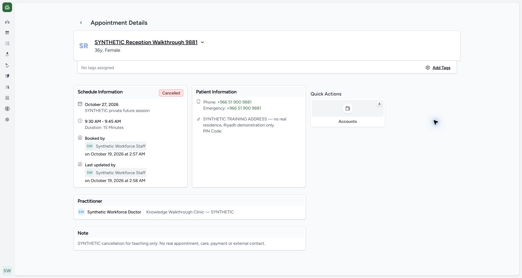 Verify the retained Cancelled detail. Actual MANSOQ fictional Clinic Staff workflow.