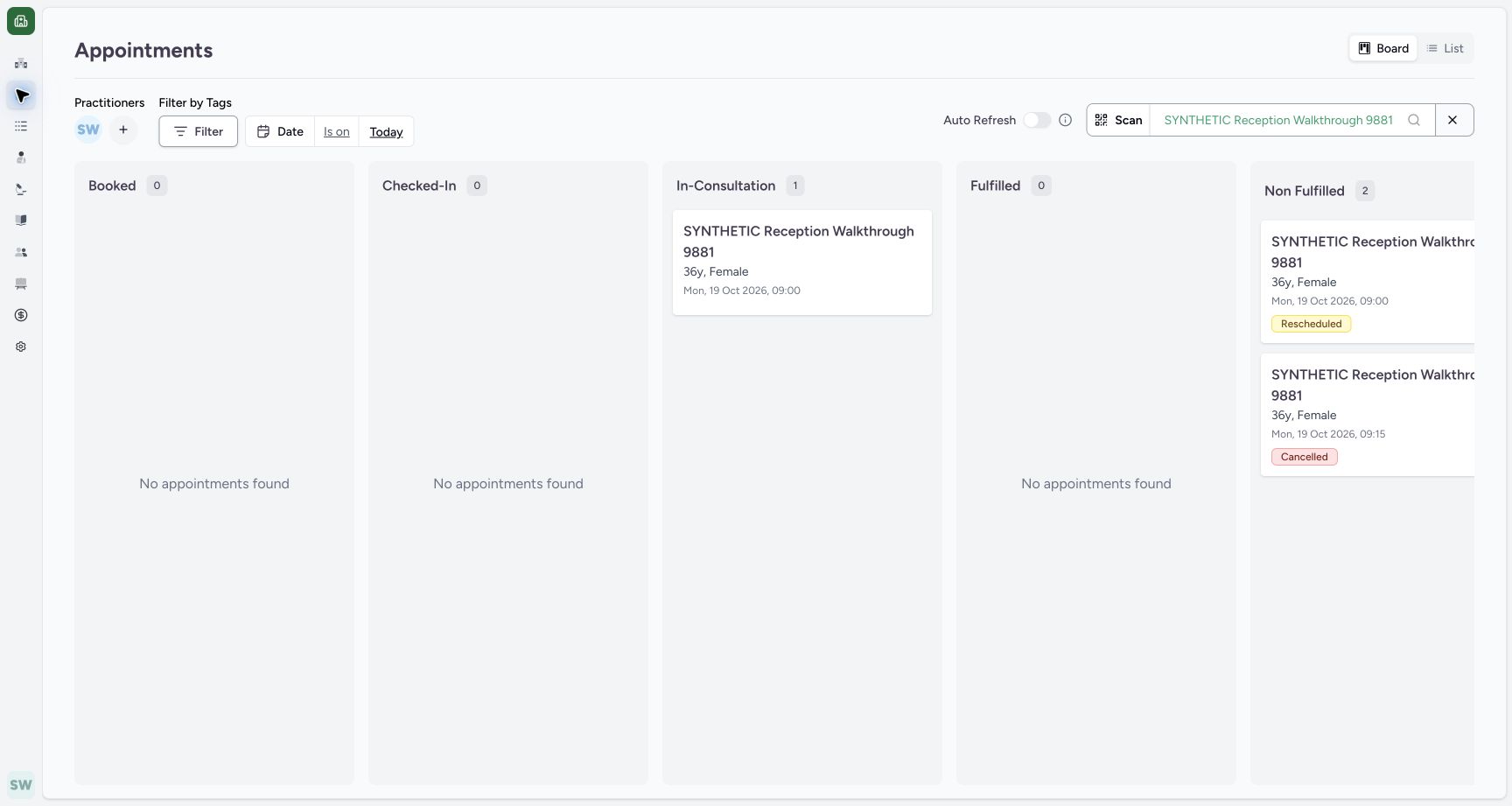 Open the Practitioners filter. Actual MANSOQ fictional Clinic Staff workflow.