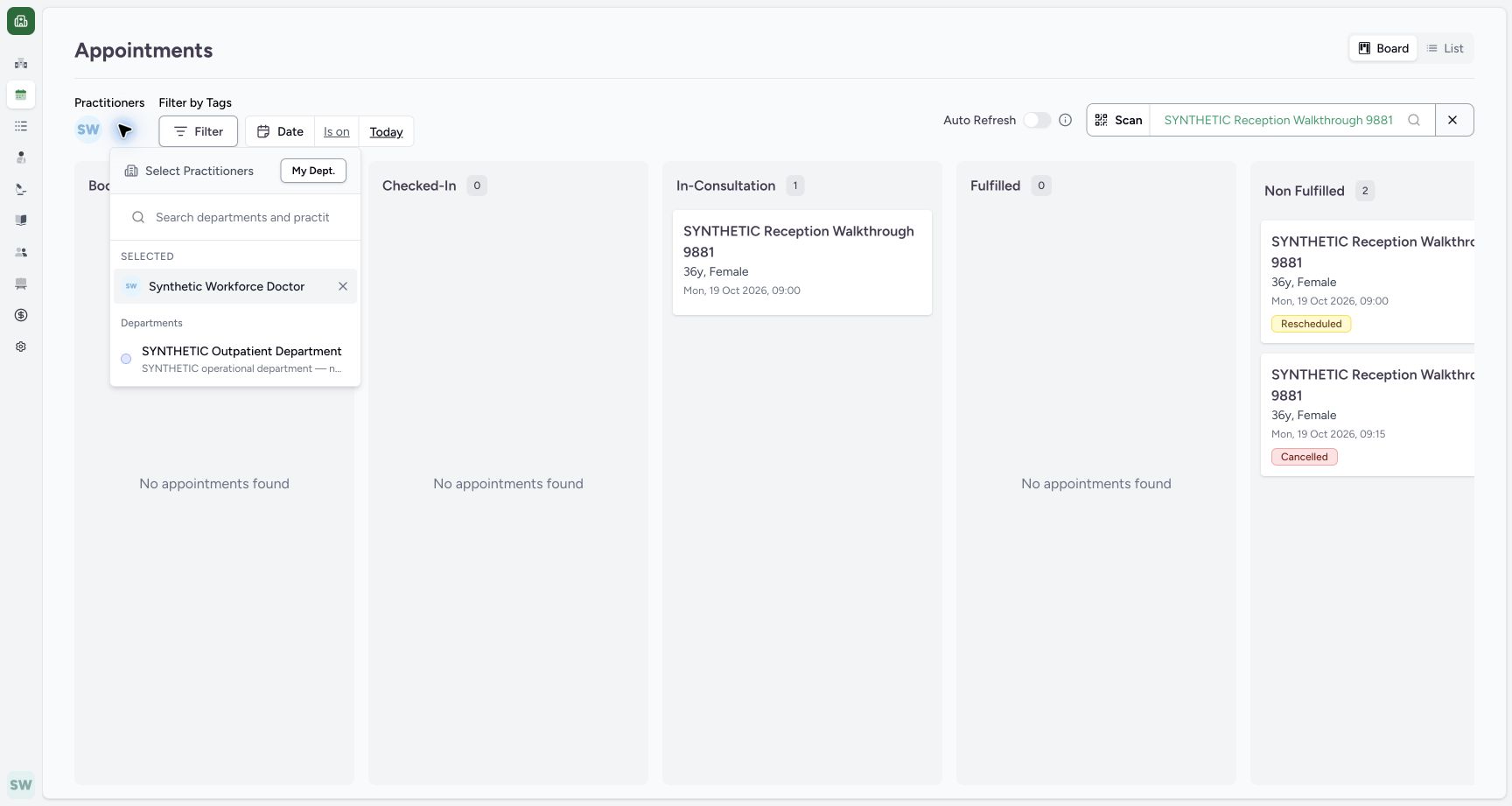 Inspect department and selected practitioner. Actual MANSOQ fictional Clinic Staff workflow.