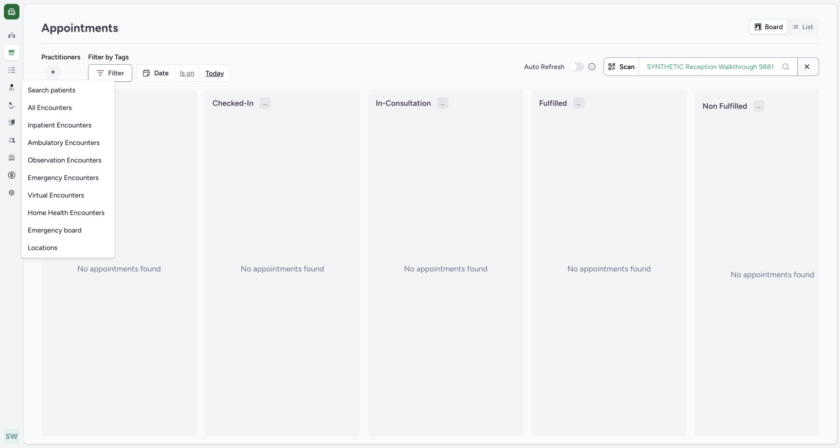 Open Patients → Search patients. Actual fictional Clinic Staff scheduling in MANSOQ.