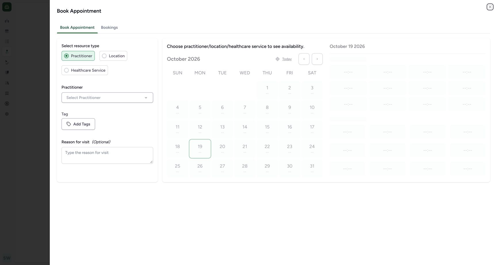 Choose a resource before loading availability. Actual fictional Clinic Staff scheduling in MANSOQ.