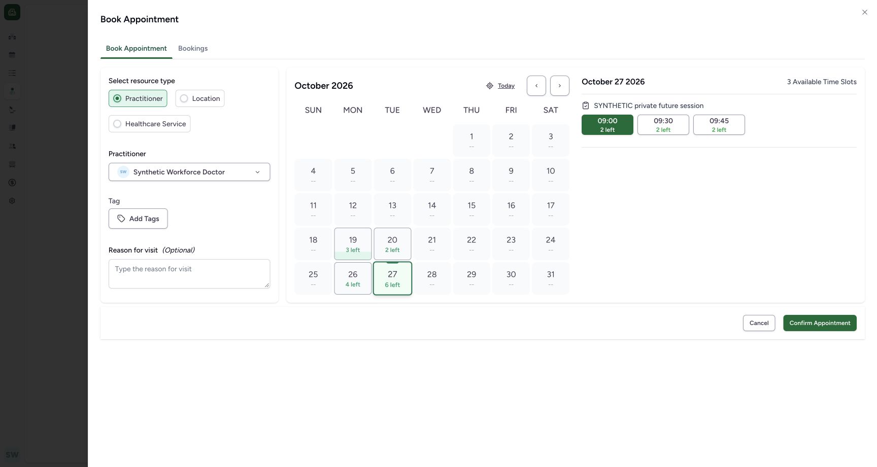 Inspect the partial-day block in the booking selector. Actual fictional Clinic Staff scheduling in MANSOQ.