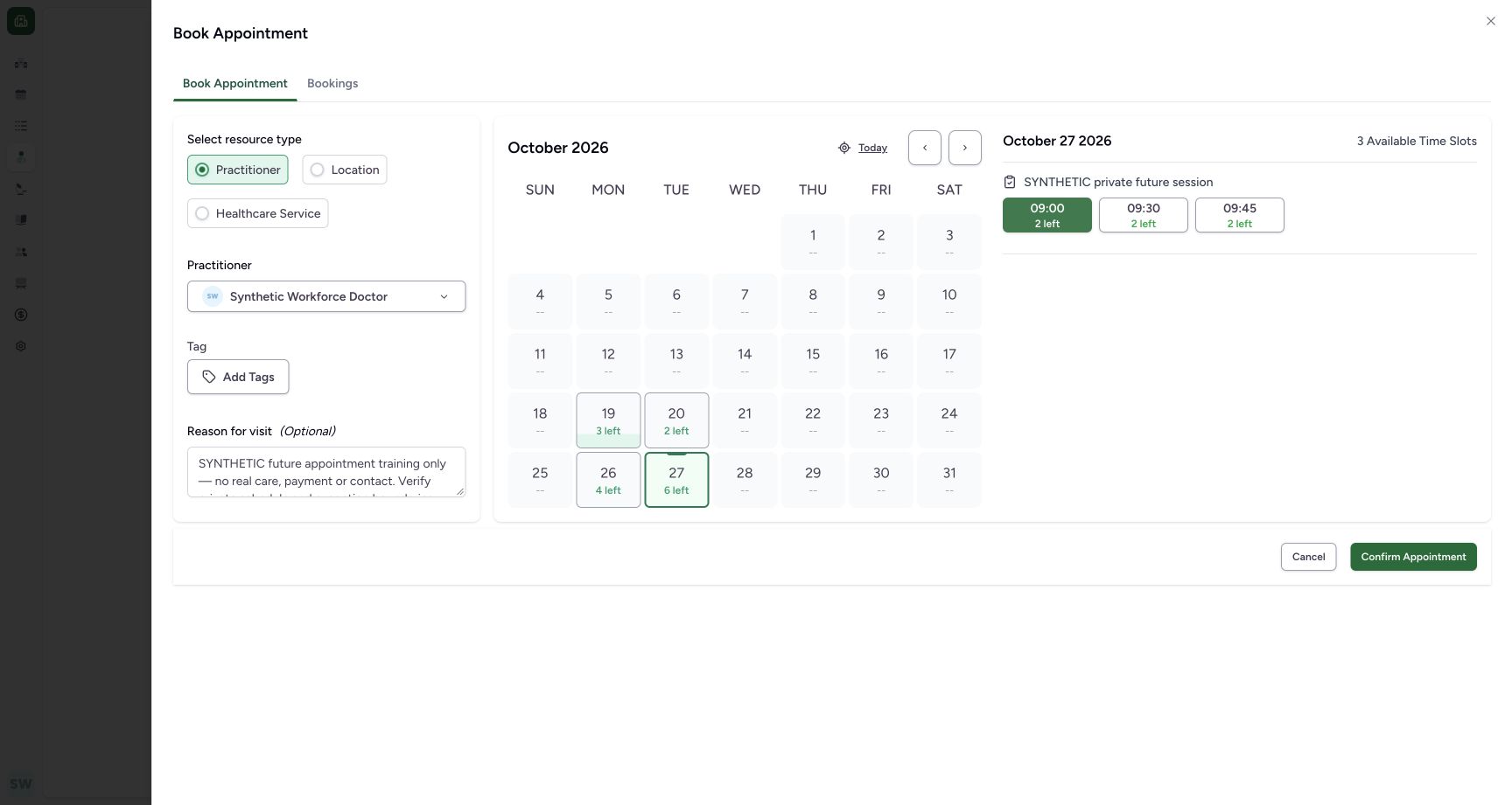 Review the selected time and confirm once. Actual fictional Clinic Staff scheduling in MANSOQ.
