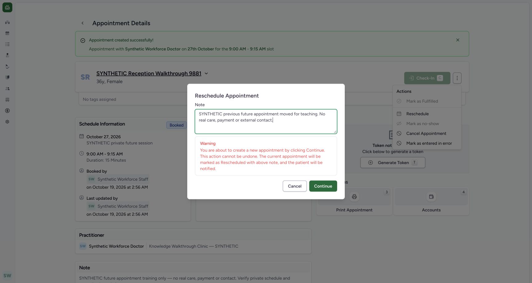 Review the first reschedule note and warning. Actual fictional Clinic Staff scheduling in MANSOQ.