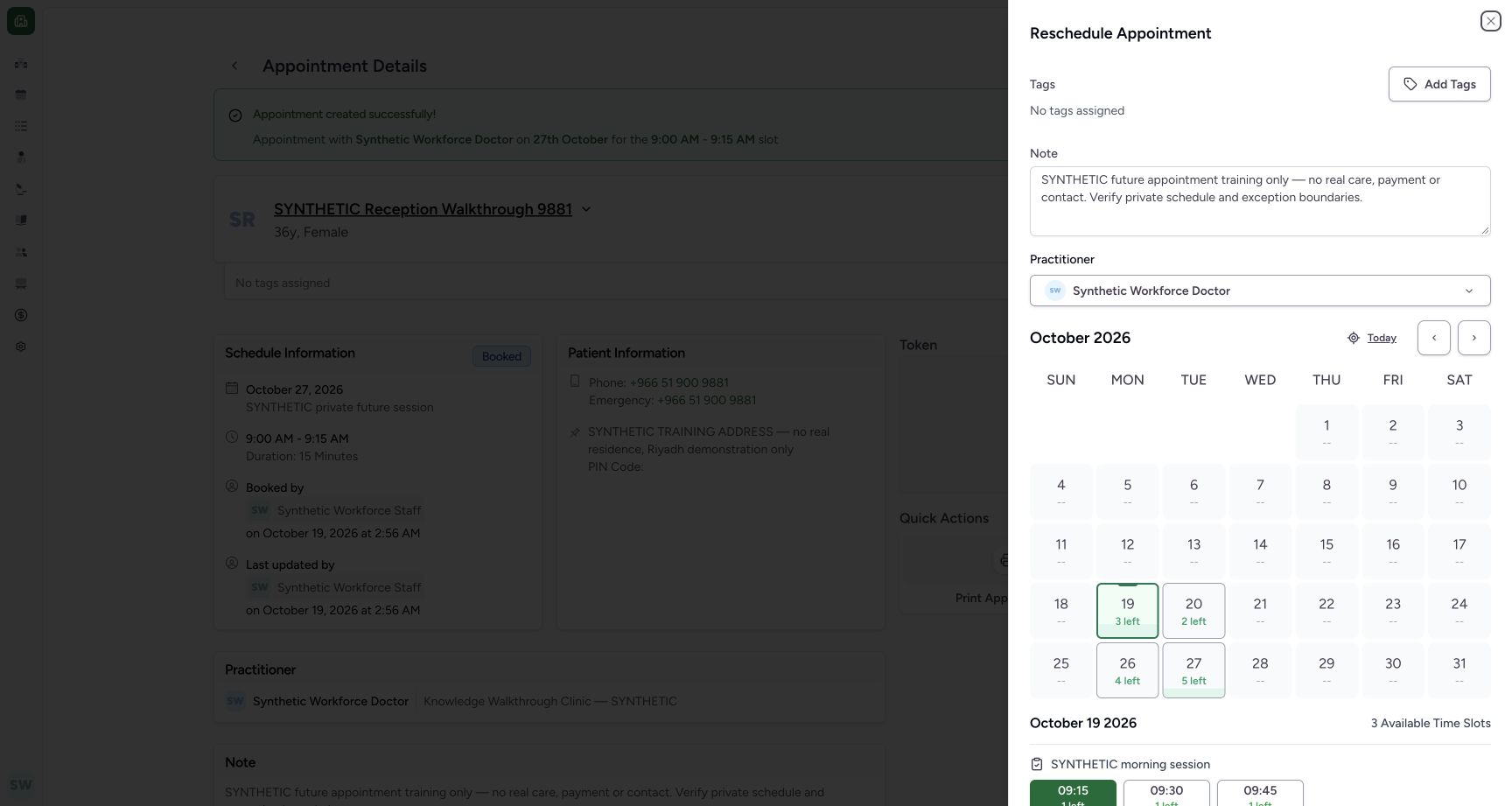 Reselect the intended date in the reschedule editor. Actual fictional Clinic Staff scheduling in MANSOQ.
