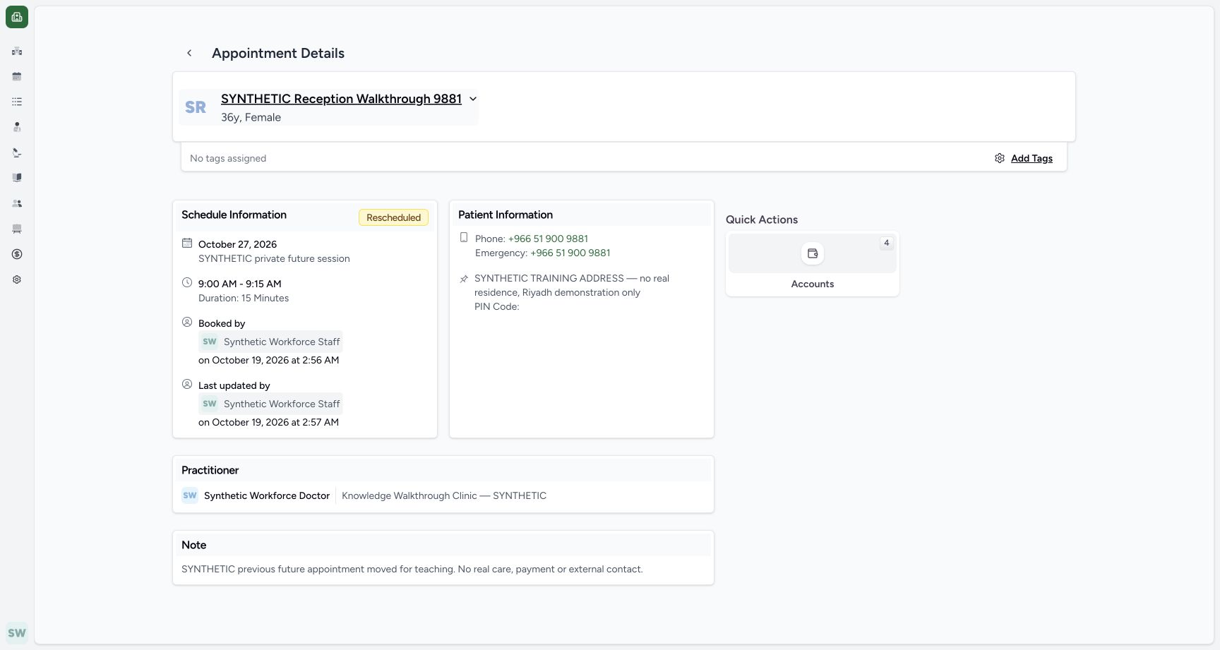 Recognize the retained Rescheduled print-action boundary. Actual MANSOQ fictional Clinic Staff workflow.