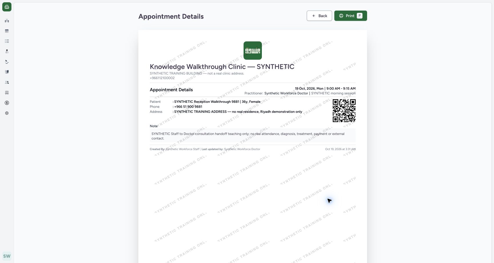 Review the branded appointment preview. Actual MANSOQ fictional Clinic Staff workflow.