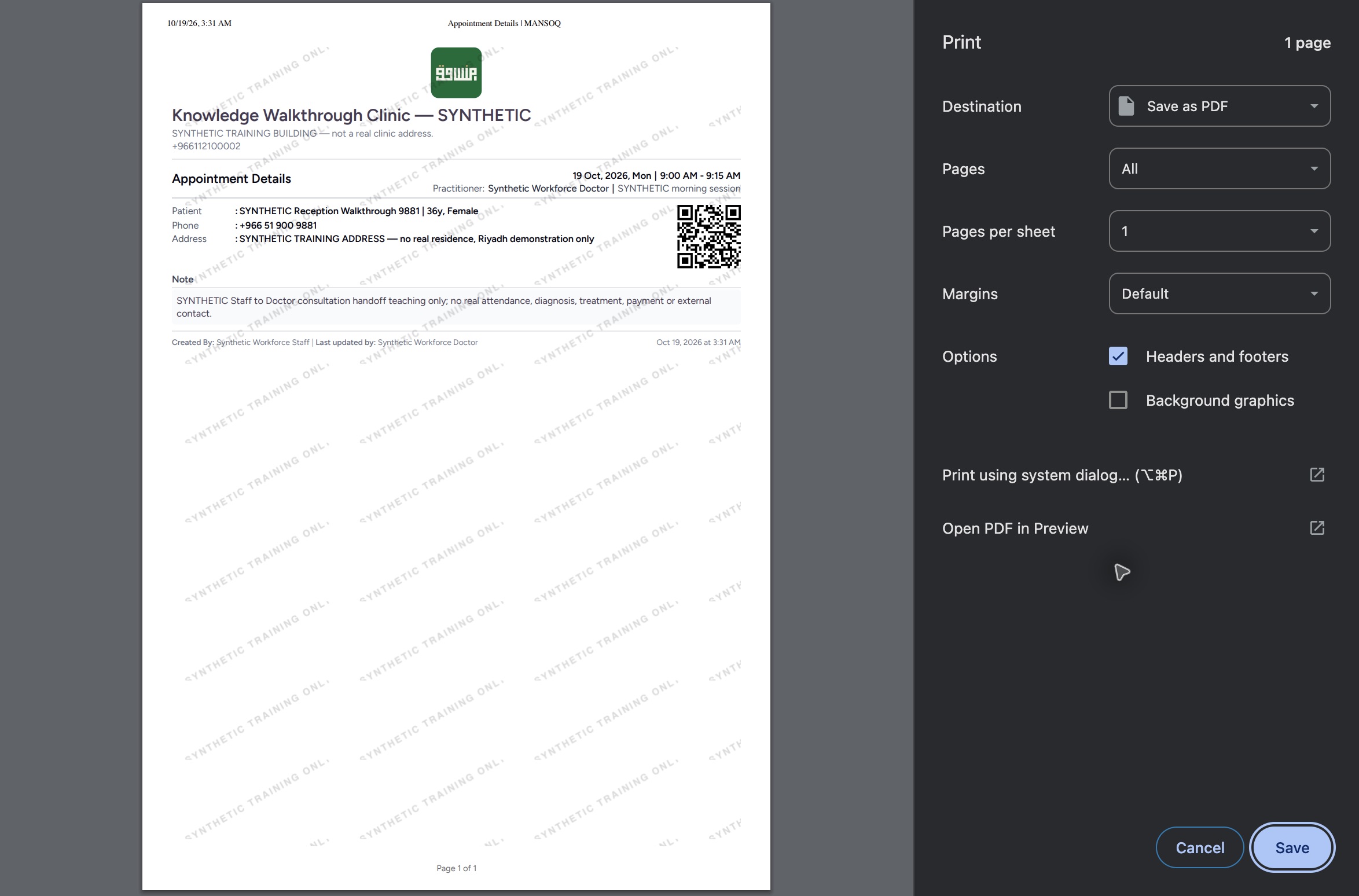 Review the real Chrome PDF preview. Actual MANSOQ fictional Clinic Staff workflow.