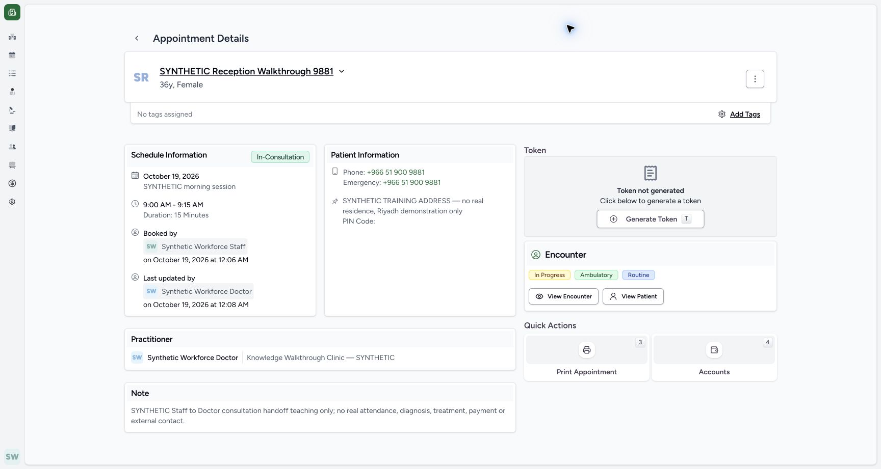Verify the preserved appointment after output. Actual MANSOQ fictional Clinic Staff workflow.