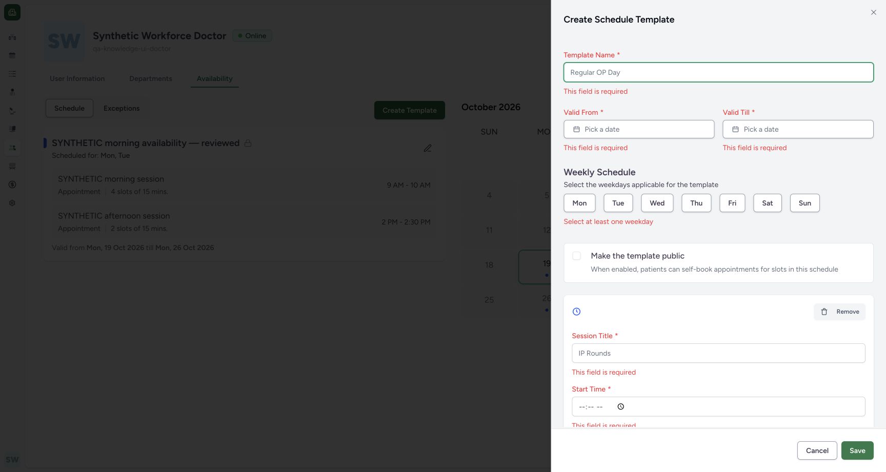 Recognize required template fields. Actual fictional Clinic scheduling in MANSOQ.