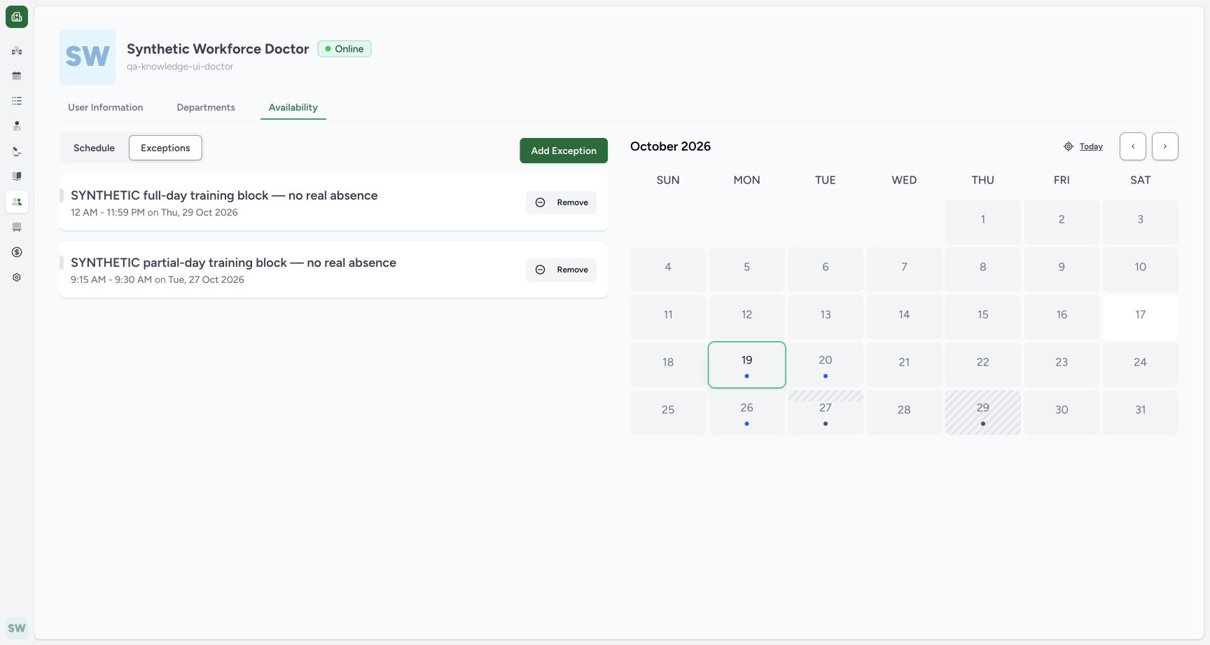 Verify both saved exception examples. Actual fictional Clinic scheduling in MANSOQ.