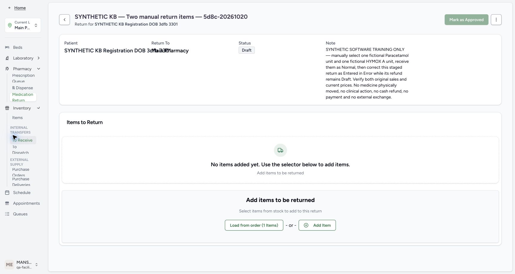 The empty Draft offers separate Load from order and Add Item controls.