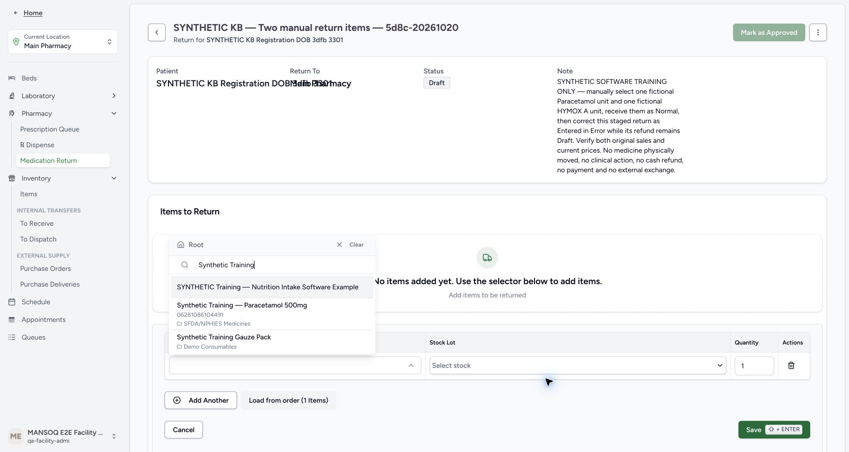 The Product search shows the Paracetamol master with code 06281086104491 among other Synthetic Training results.