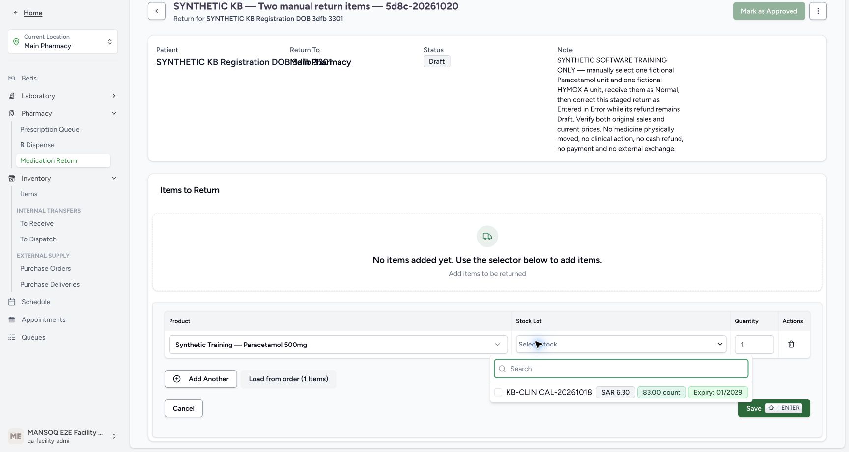 The stock picker shows KB-CLINICAL-20261018, SAR 6.30, current stock 83 and January 2029 expiry.