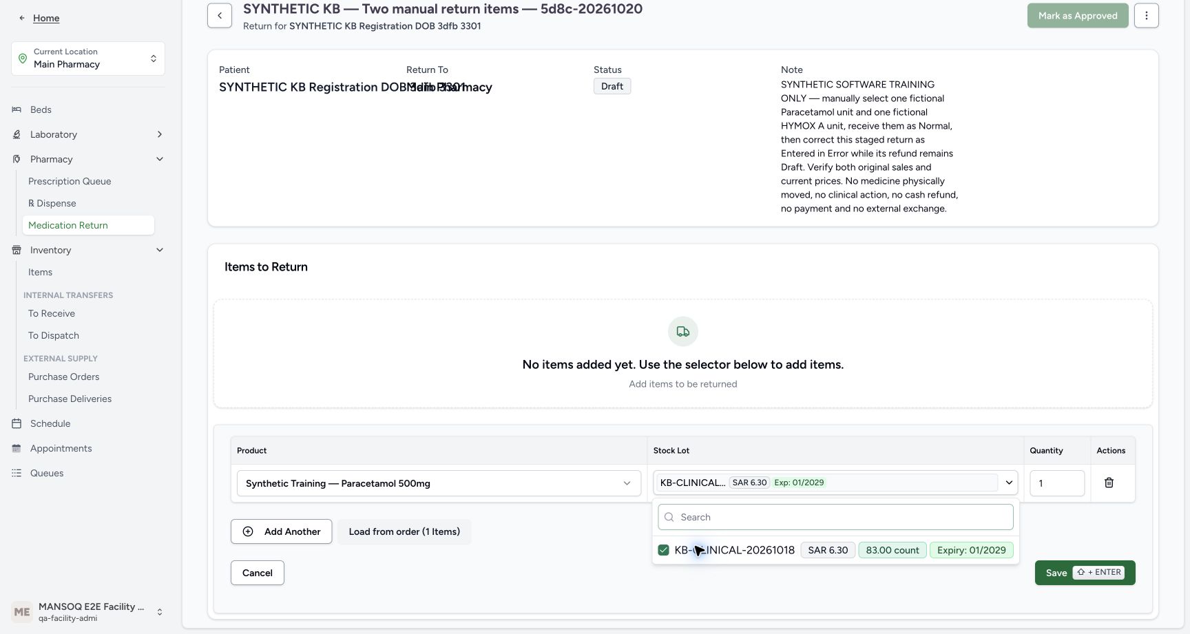 The original Paracetamol lot checkbox is selected in the open stock picker.