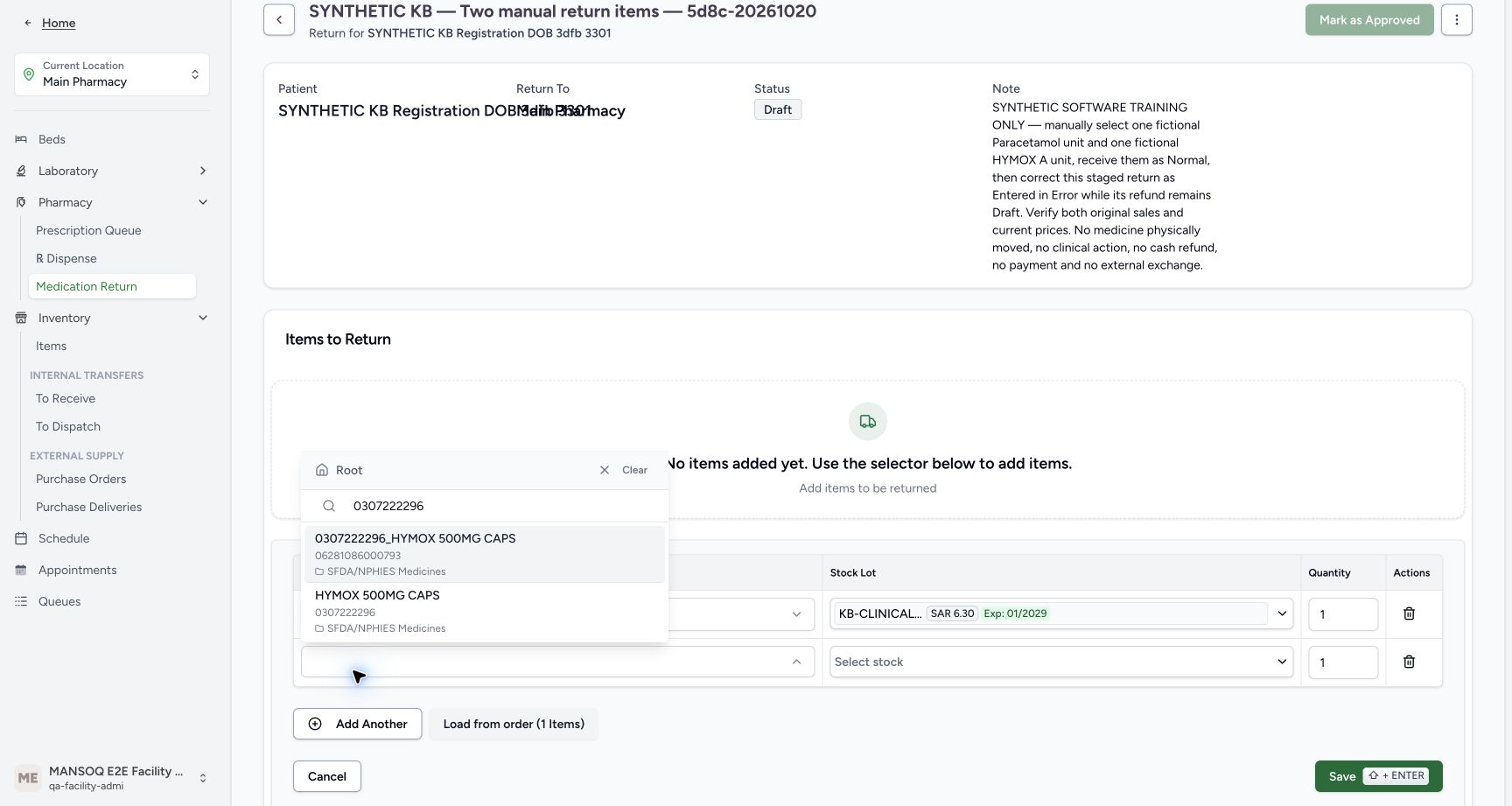 Searching 0307222296 shows a prefixed-name result with a different displayed GTIN and a second HYMOX result with the matching registration.