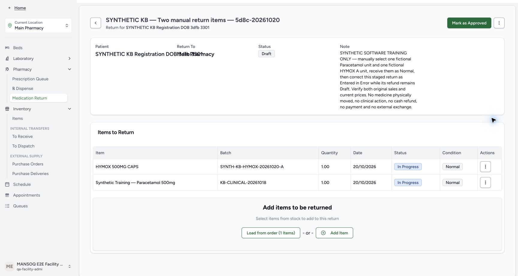 The Draft now has two saved In Progress/Normal rows, each quantity one, with full HYMOX A and Paracetamol batch names.