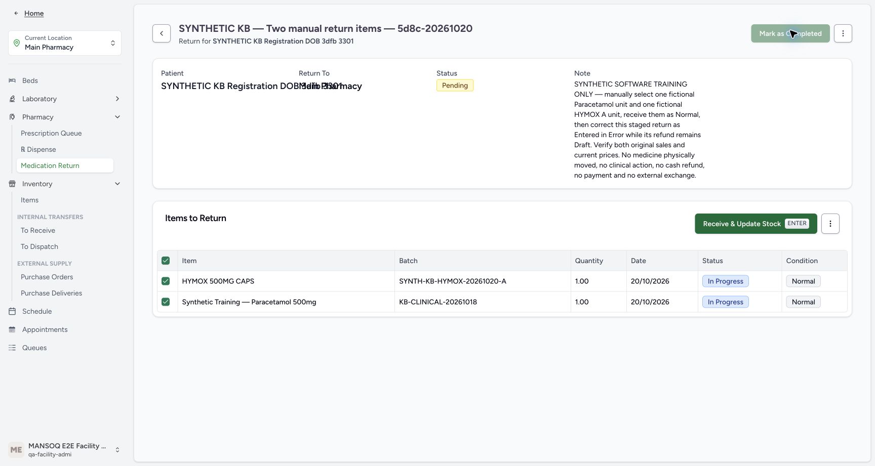 The parent is Pending and both In Progress rows are selected. Receive & Update Stock is available; parent completion is disabled while rows are selected.