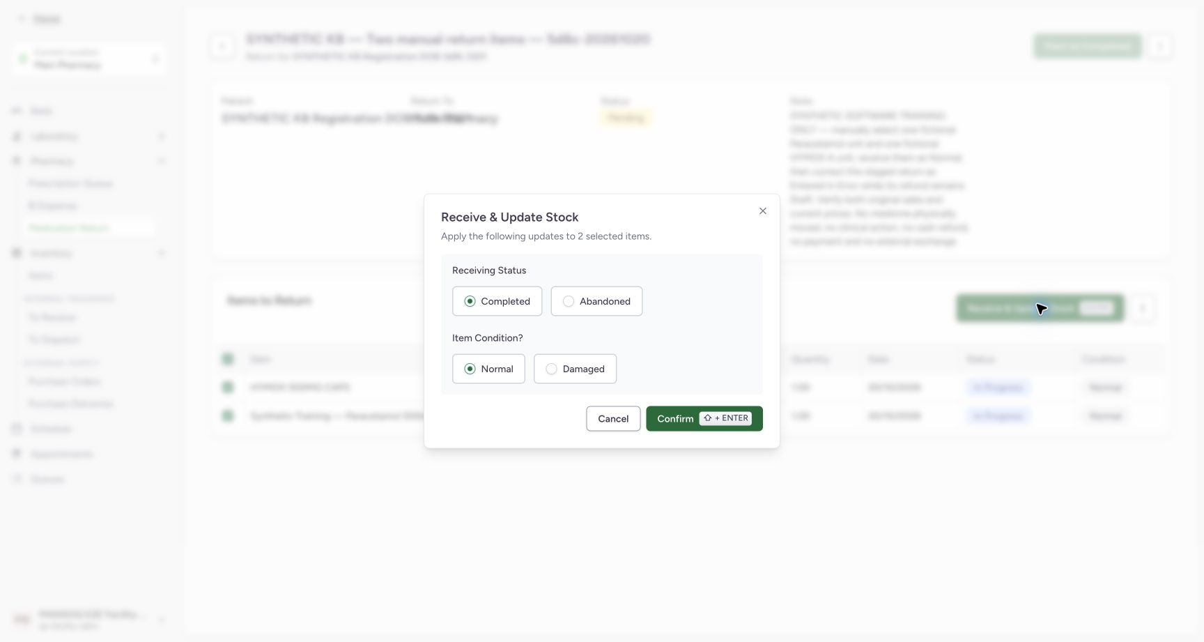 The receiving dialog applies to two selected items and shows Completed and Normal selected, with Cancel and Confirm.