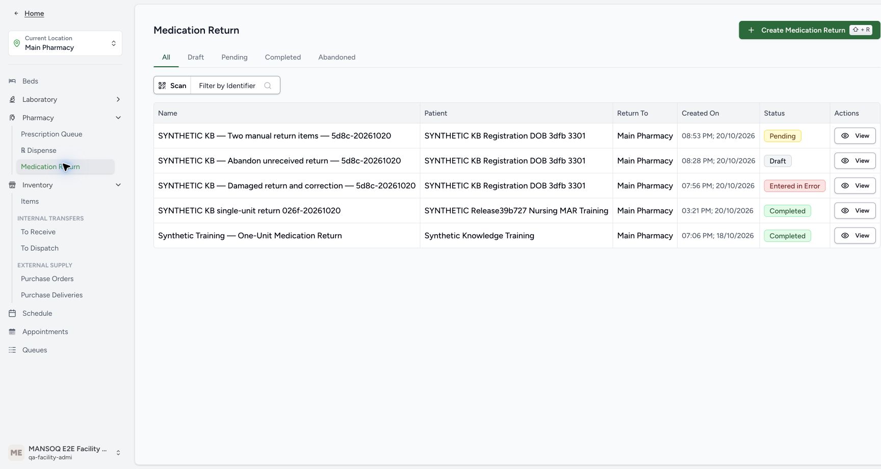 The return list shows the named two-manual-items return as Pending, alongside the separate earlier return exercises.