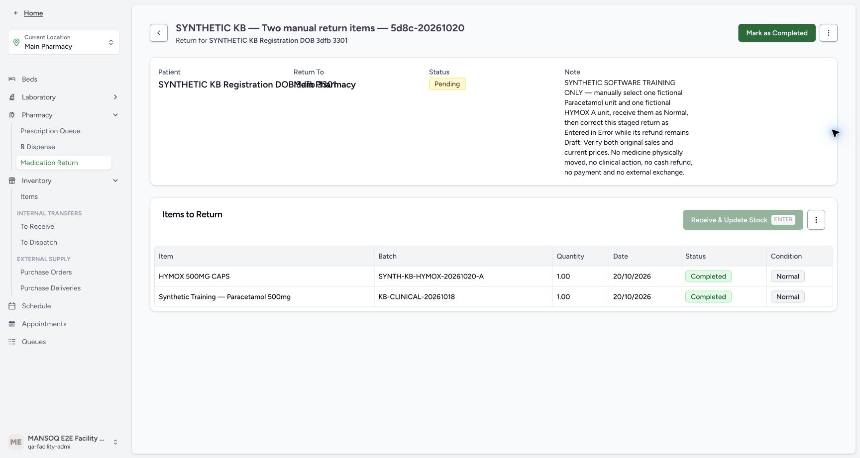 The reopened parent is Pending, both rows are Completed/Normal and unselected, and Mark as Completed is enabled.