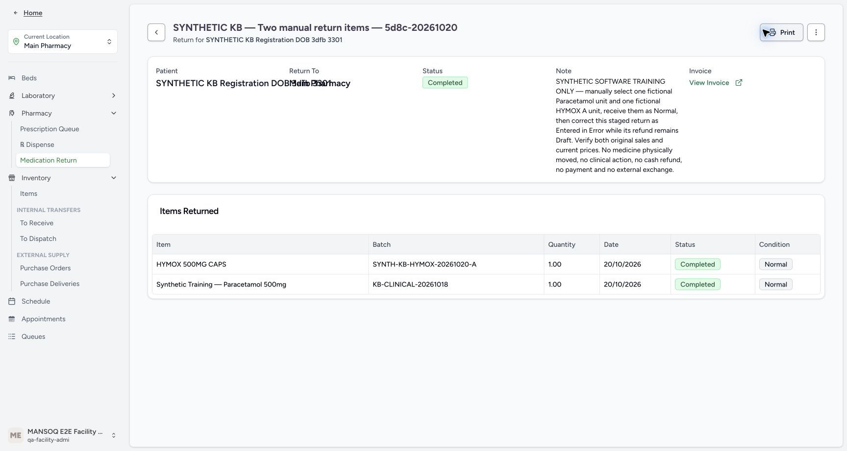 The parent is now Completed, its two rows remain Completed/Normal, and a linked View Invoice action is available.