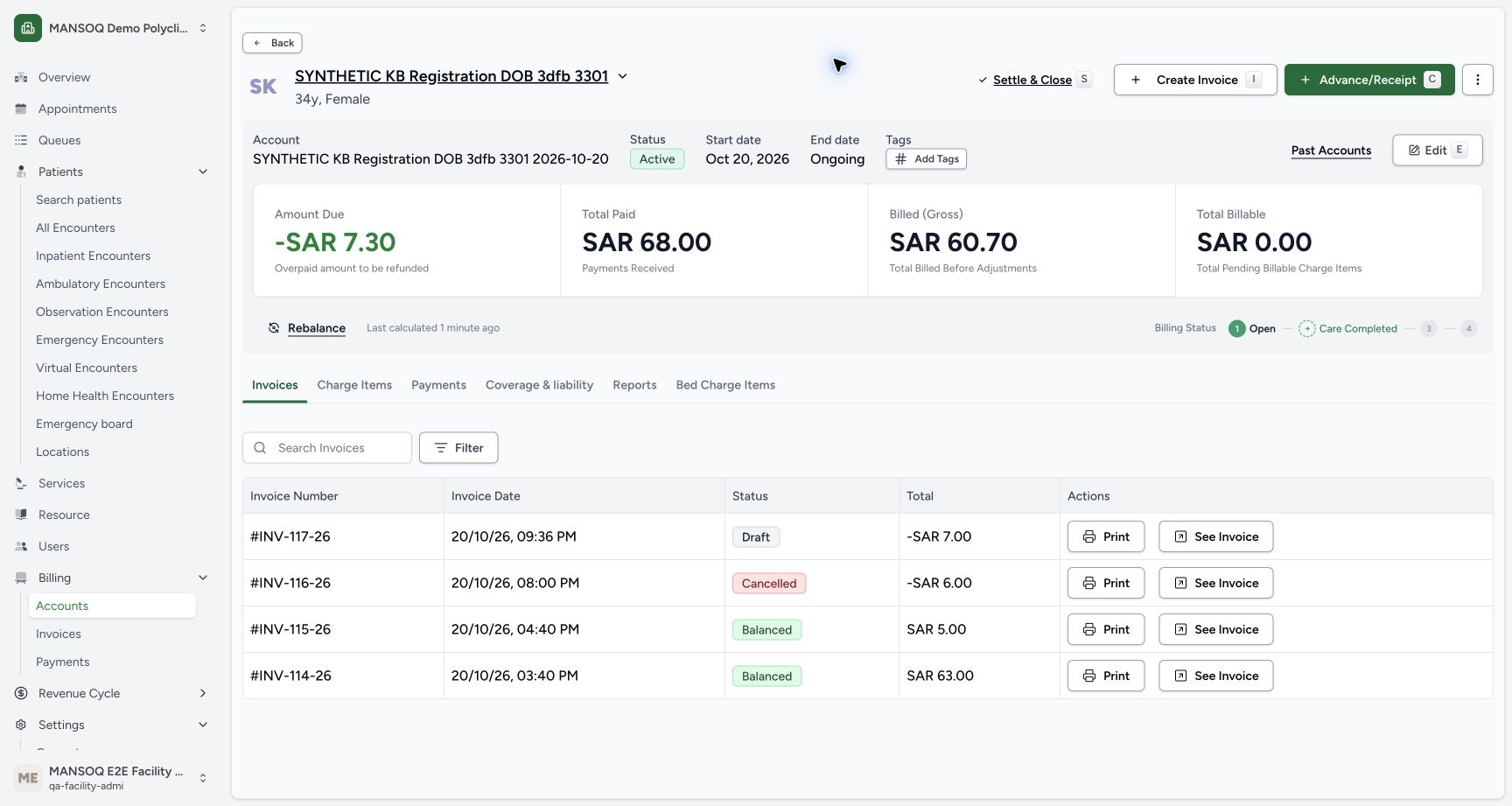 The account shows minus SAR 7.30 due, SAR 68.00 paid and SAR 60.70 gross, with the new Draft and original Balanced invoices.