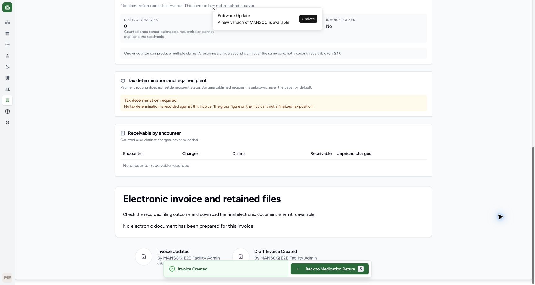The lower invoice page says no electronic document has been prepared and provides Back to Medication Return. A Software Update notice is unrelated.