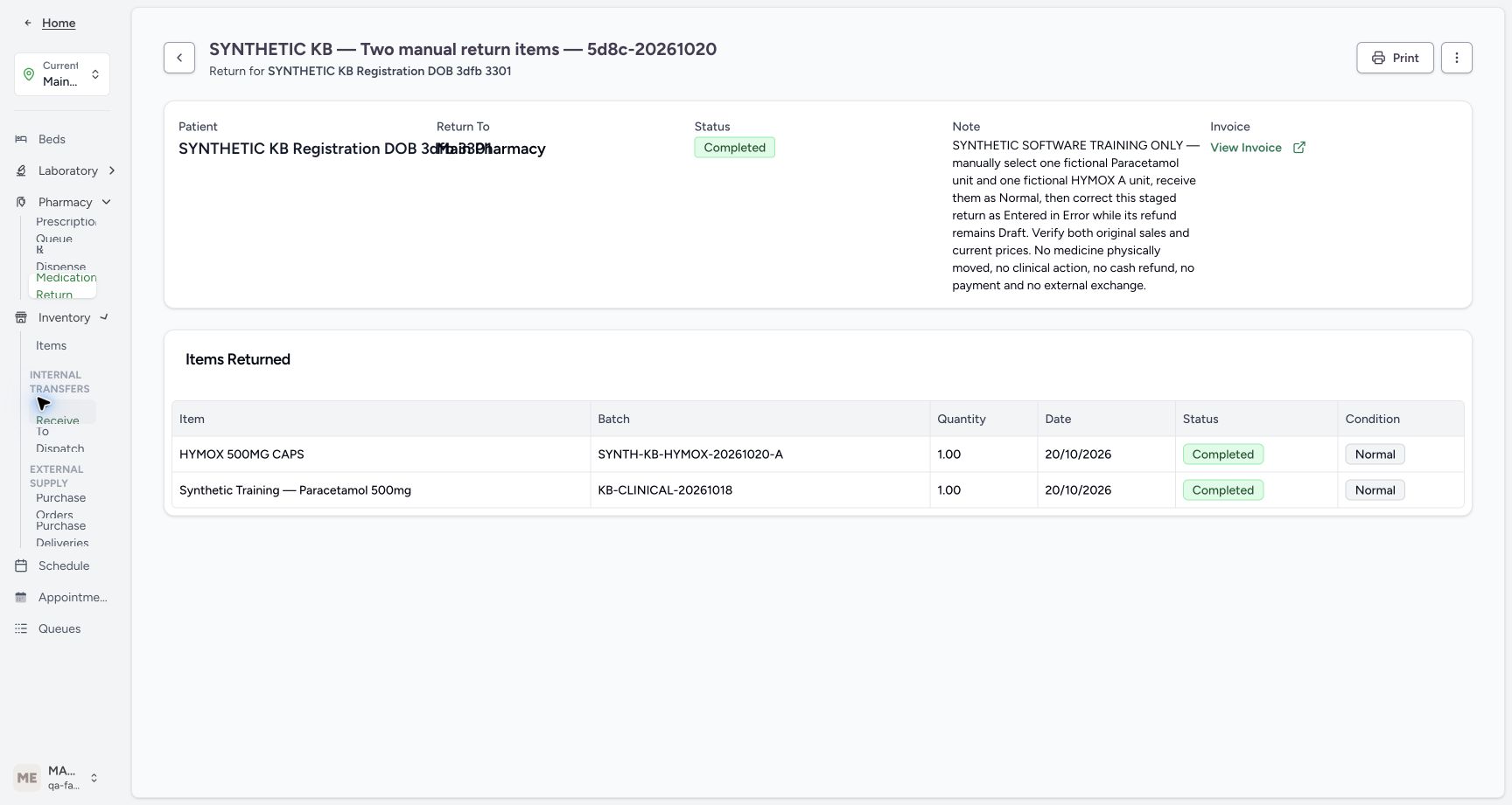 The completed two-item return retains both Normal receipts and its linked invoice. This is the starting point only for the optional staged error correction.