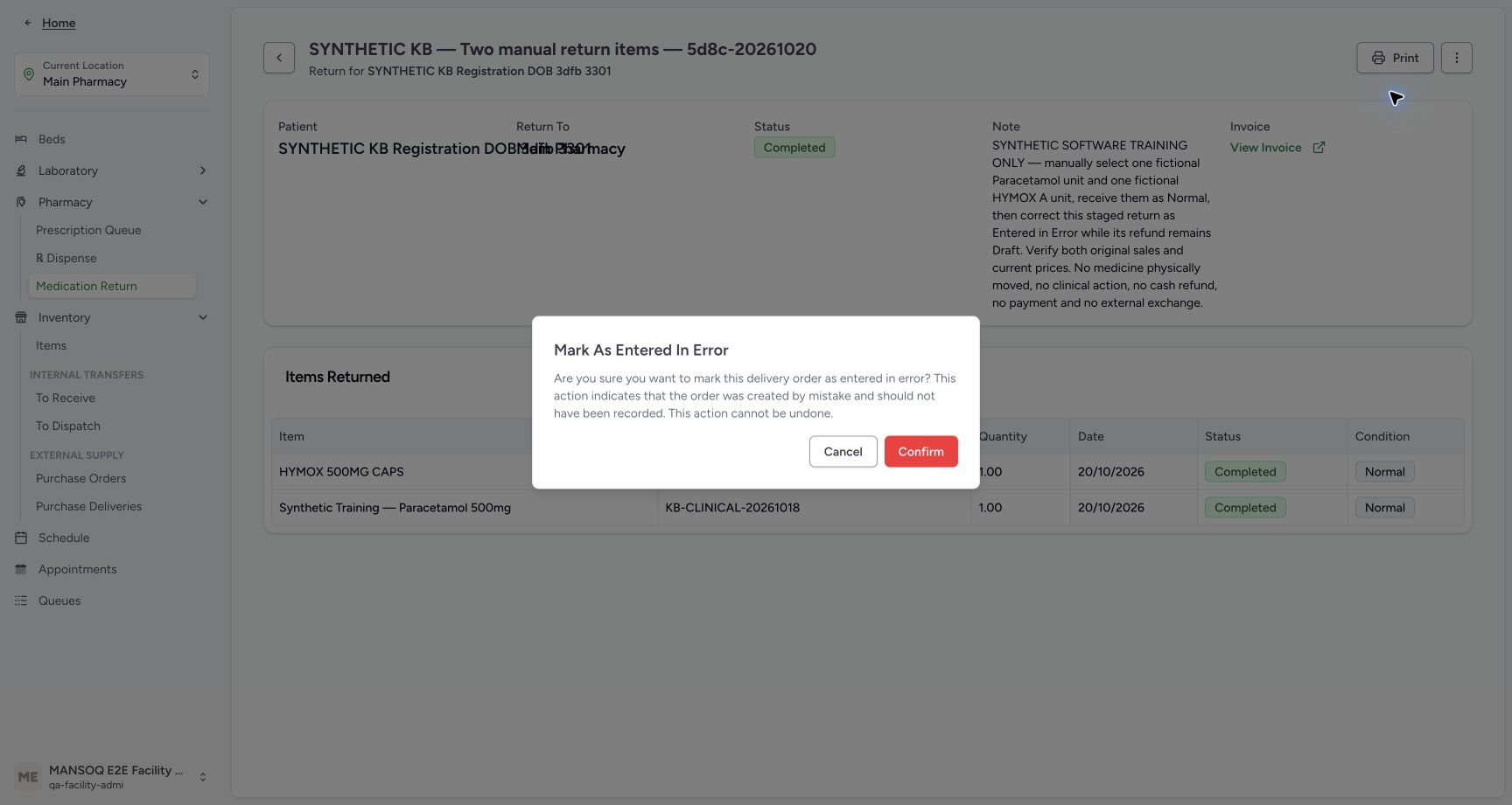 The warning says the order was created by mistake and the action cannot be undone, with separate Cancel and Confirm controls.