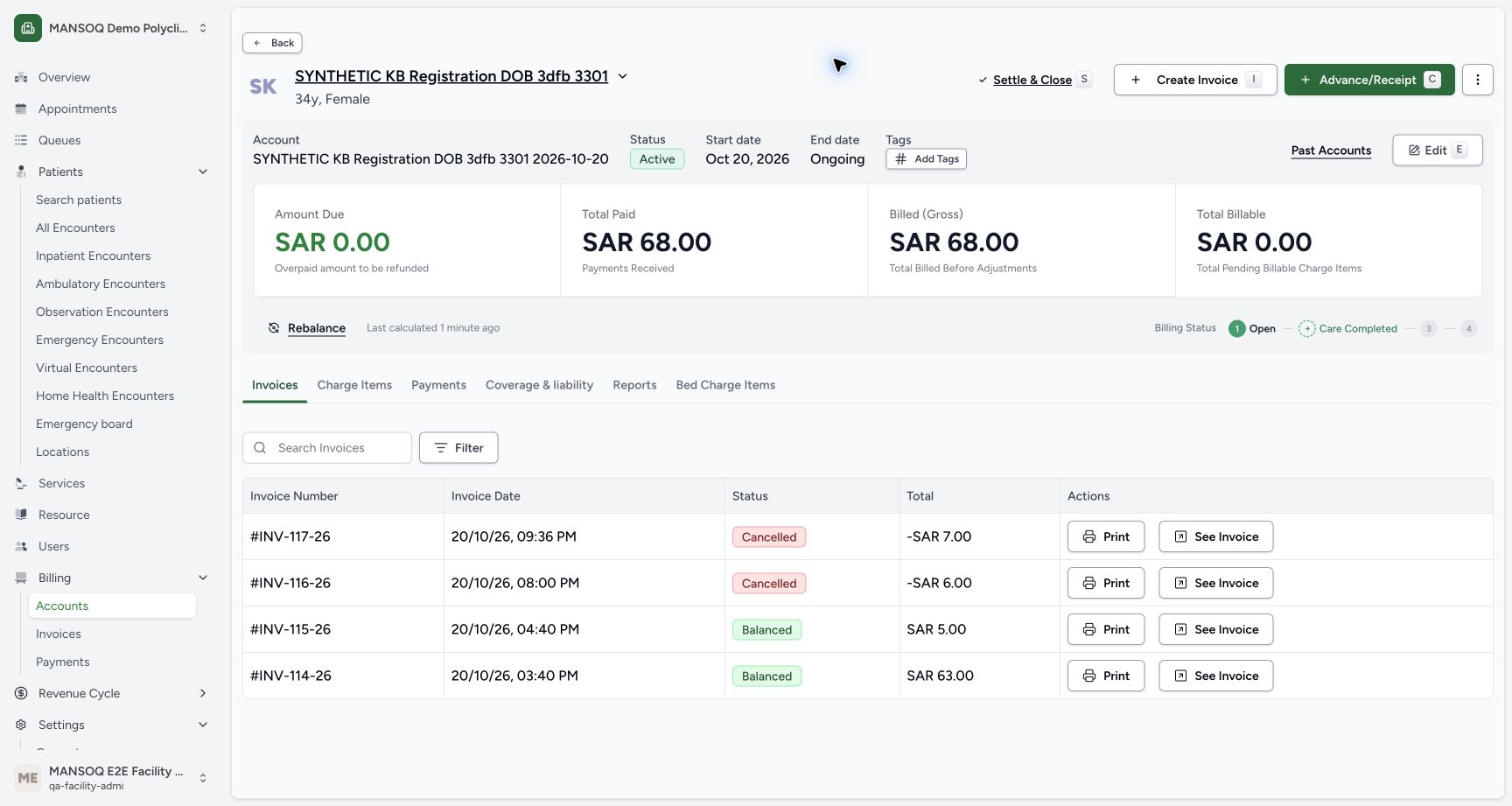 The account has zero due, SAR 68.00 paid and SAR 68.00 gross. INV-117-26 is Cancelled, alongside the separate older cancelled refund and two Balanced sales.