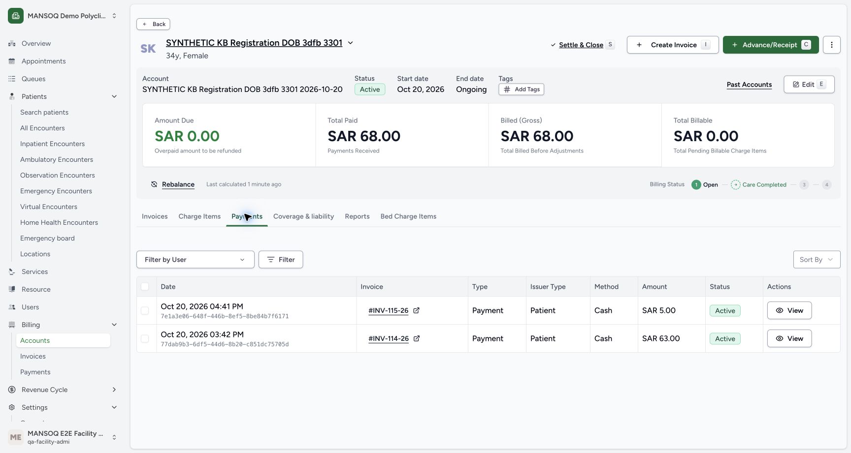 The same two active cash payments remain after the staged correction, with zero due and total paid SAR 68.00.