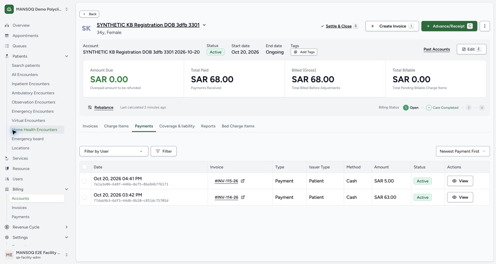 After normal reload, the account still shows zero due, SAR 68.00 paid and gross, and the same two original cash payments.