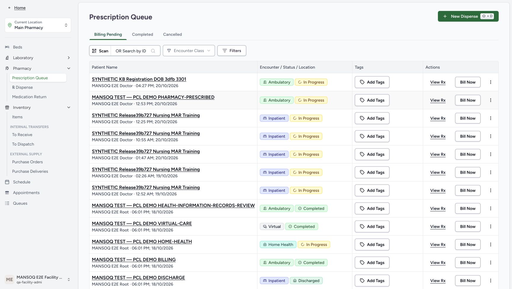 The expanded Main Pharmacy navigation shows the existing FacilityAdmin account and Inventory Purchase Orders entry.