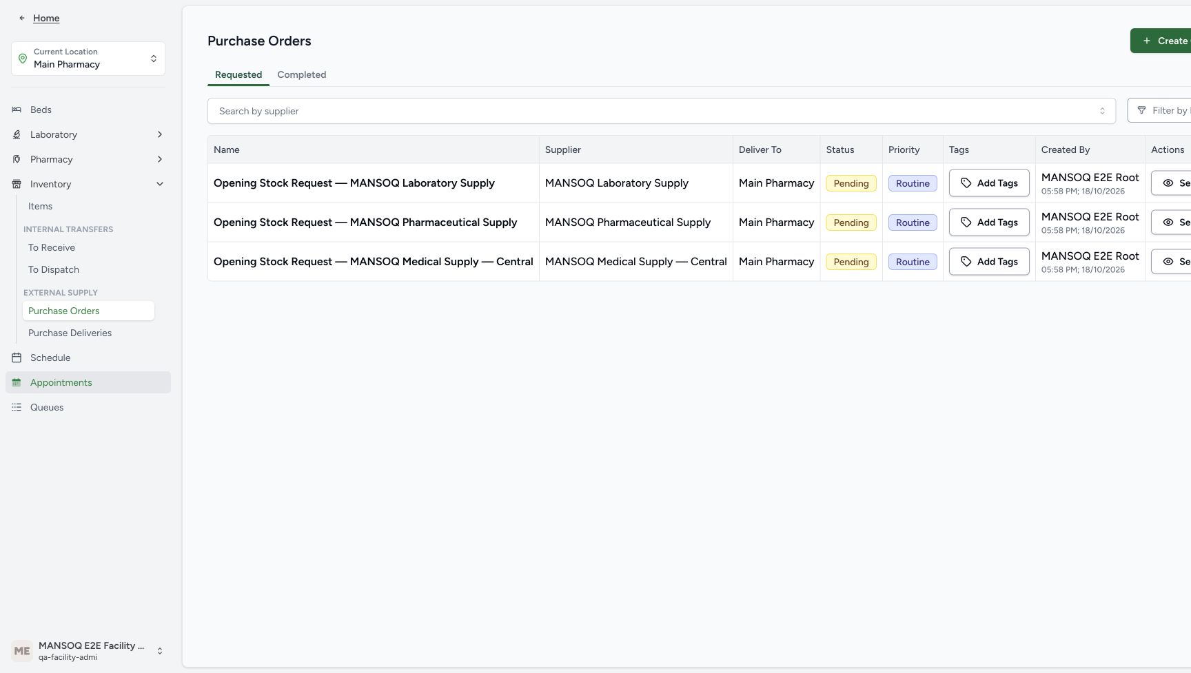 The Requested Purchase Orders list has the Create Order action at its right edge and existing opening orders beneath it.