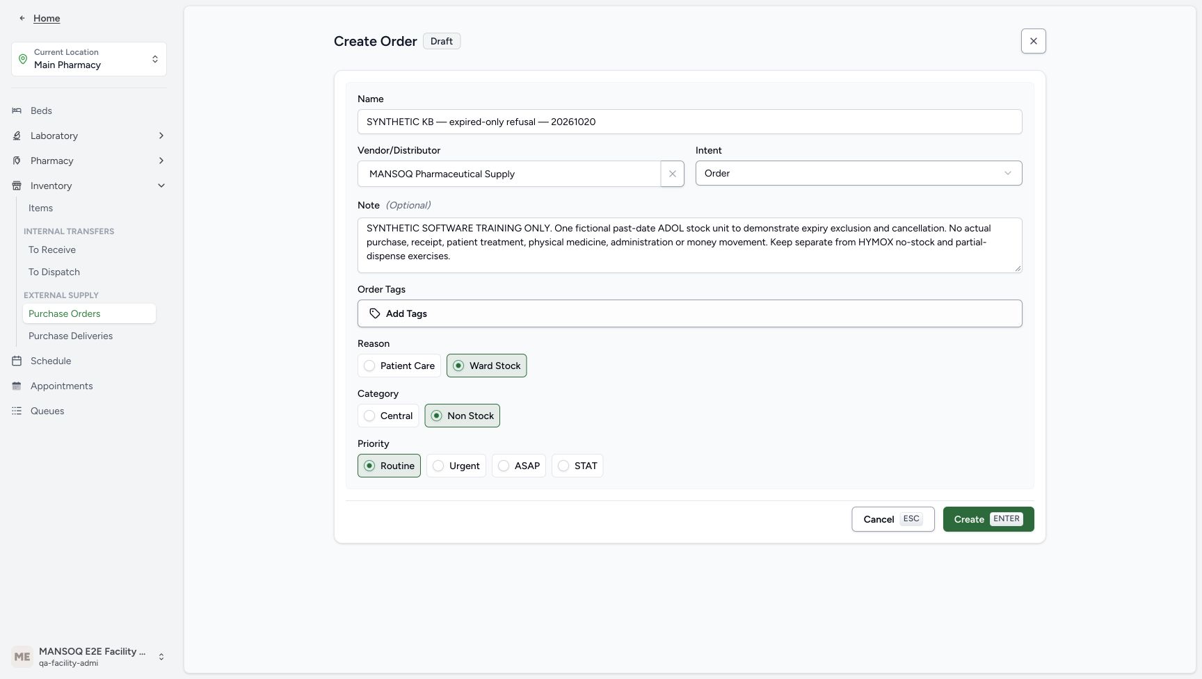 The unsaved request has its synthetic name, existing supplier, software-only note, Order intent, Ward Stock reason, Non Stock category and Routine priority.