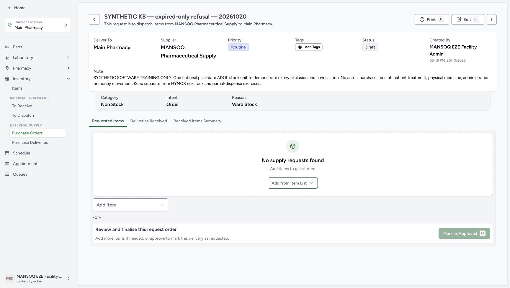The labelled request is Draft with no supply rows and an Add Item selector.