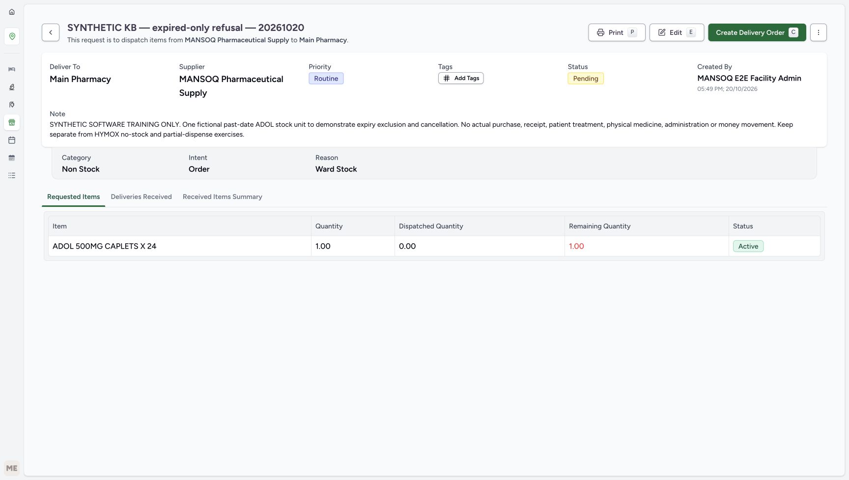 The request header is Pending with Create Delivery Order available.