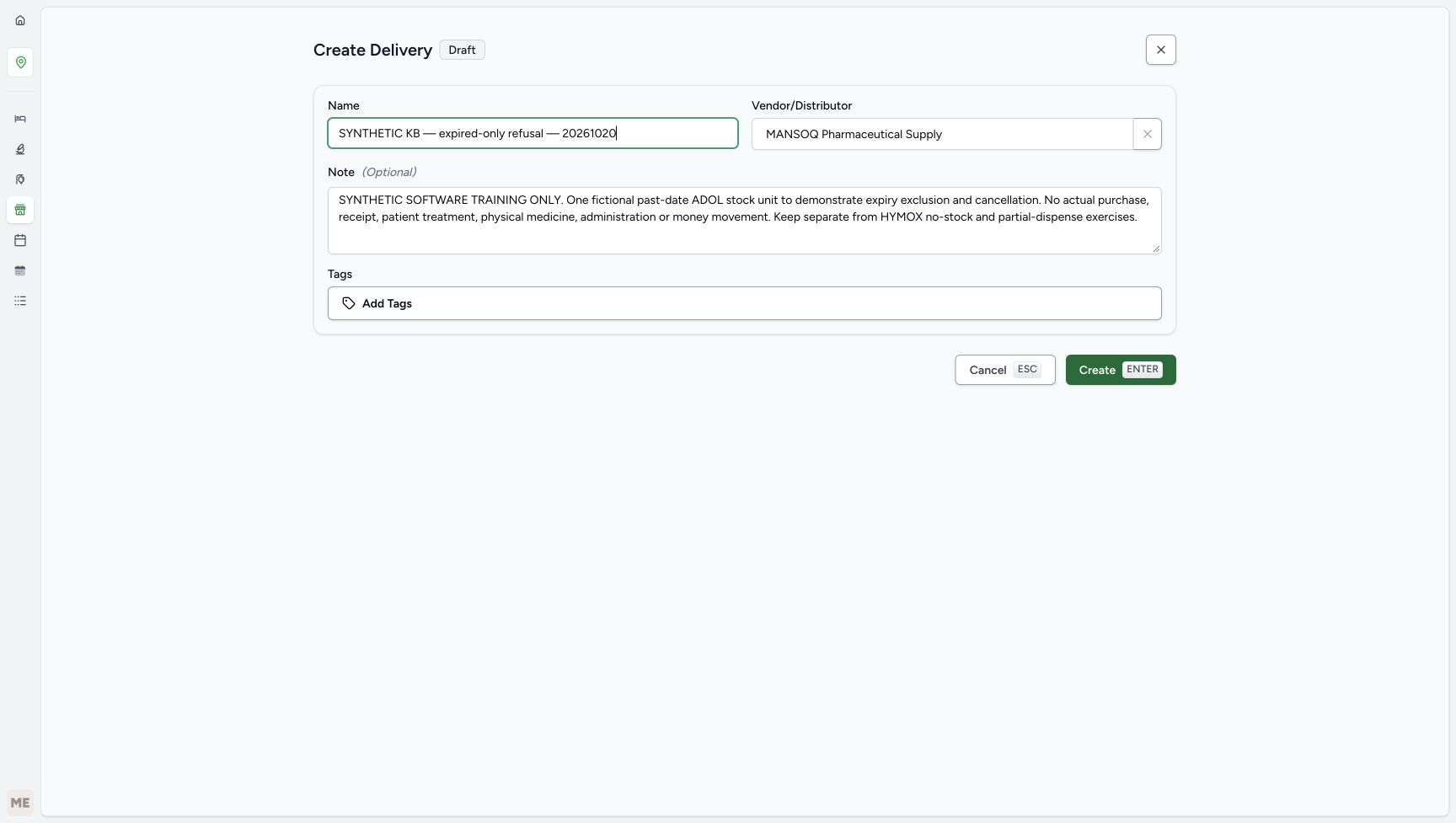 Create Delivery retains the same labelled name, supplier and explicit software-only note.