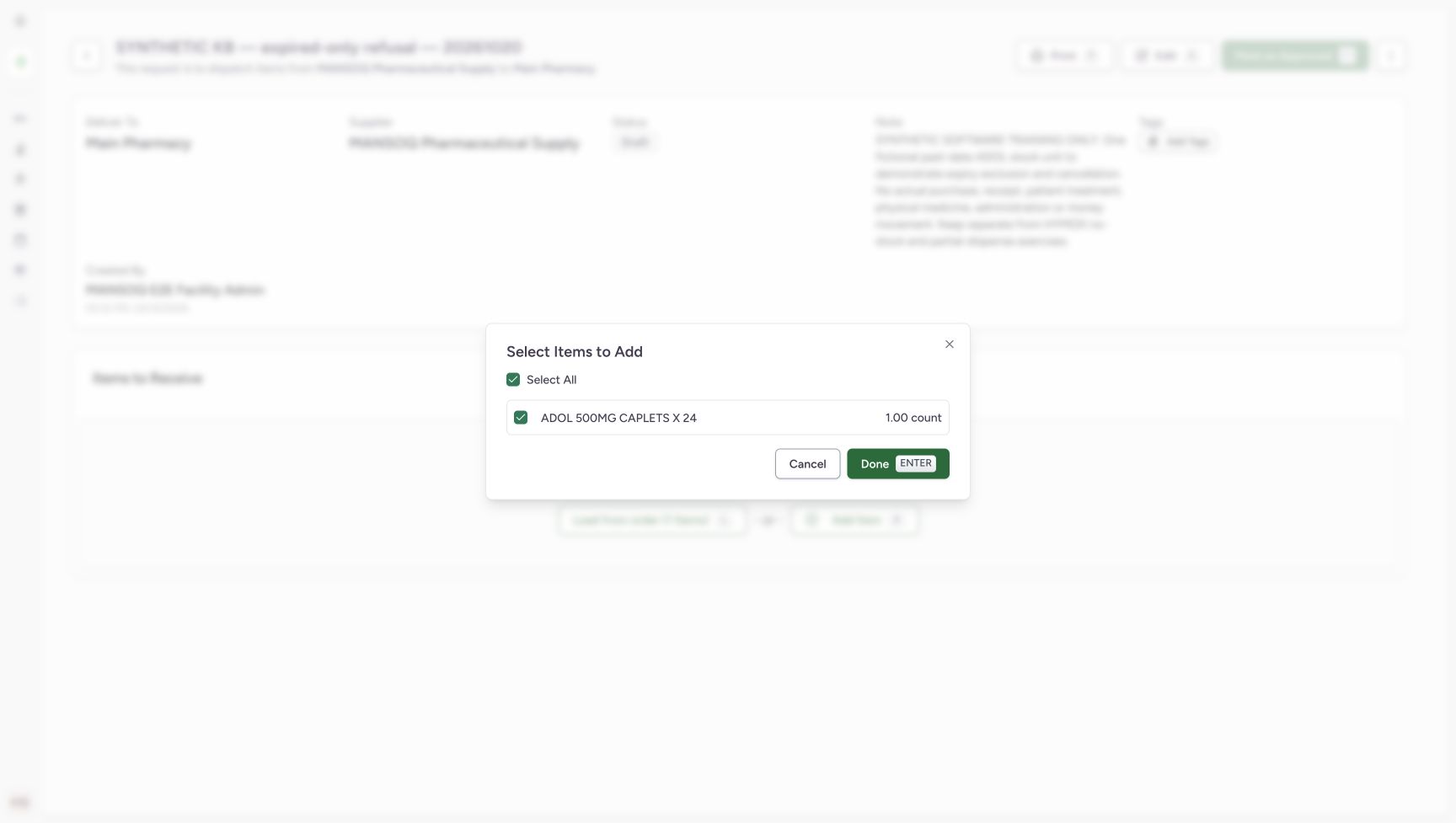 Select Items to Add has the single checked ADOL 1.00 count and Done available.