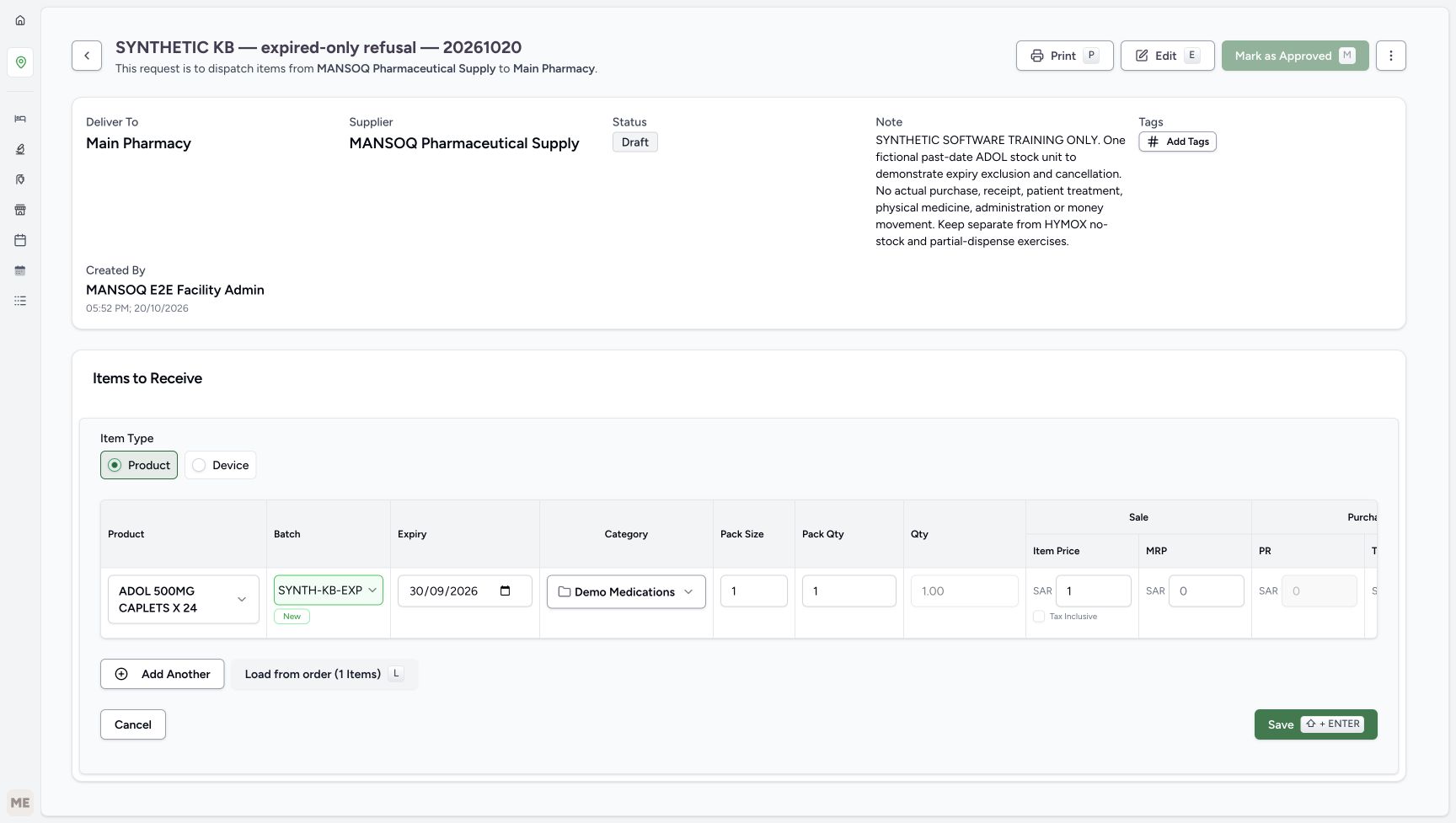 The editable receipt form shows the native expiry field and Save button.