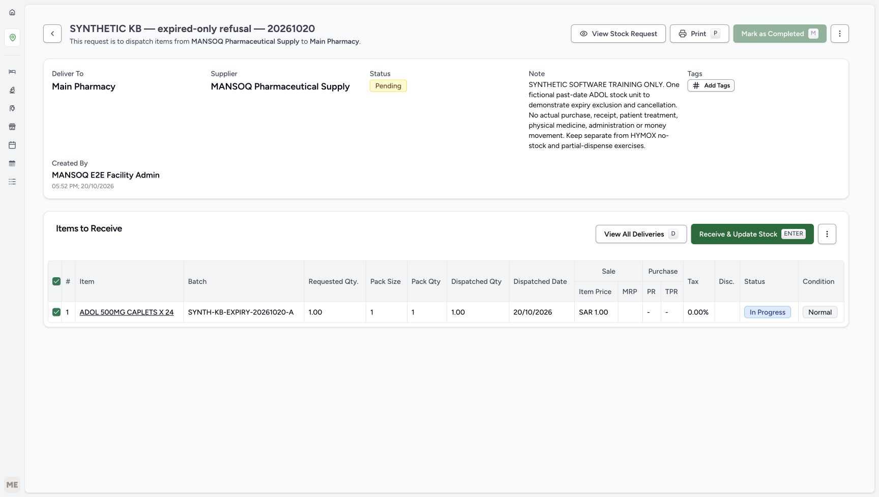 The delivery is Pending with the one row selected and Receive & Update Stock enabled; parent completion is disabled.